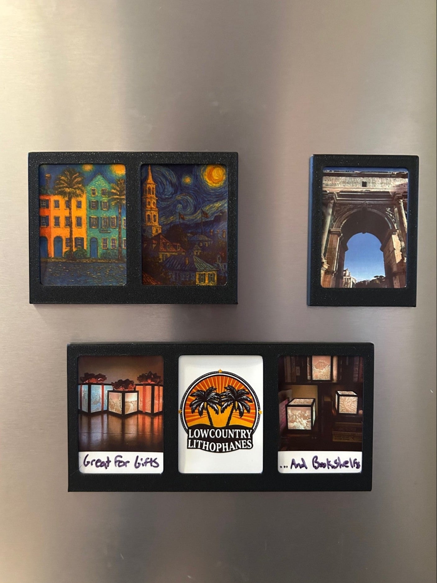 Three polaroid fridge magnets attached to a refrigerator.