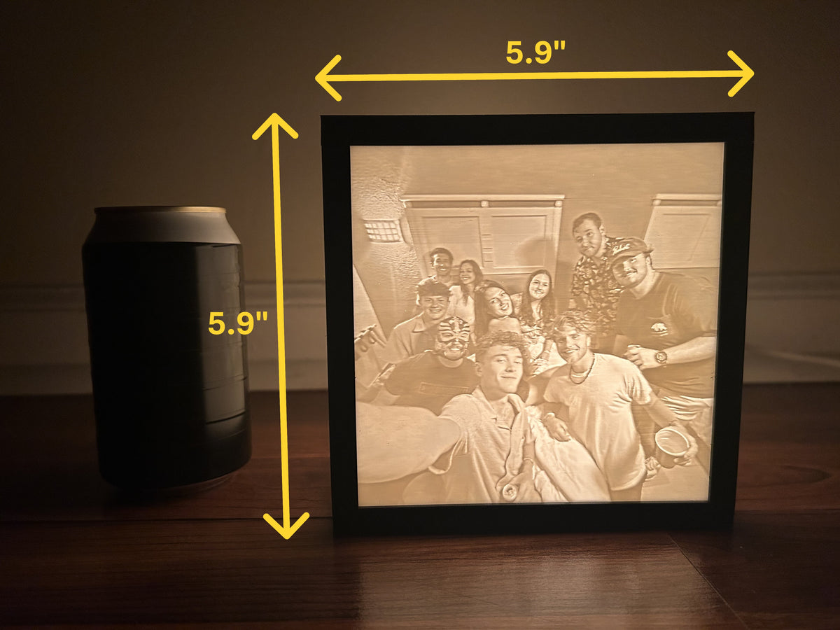 Large lithophane box dimensions, 5.9 by 5.9 inches, next to a soda can for scale