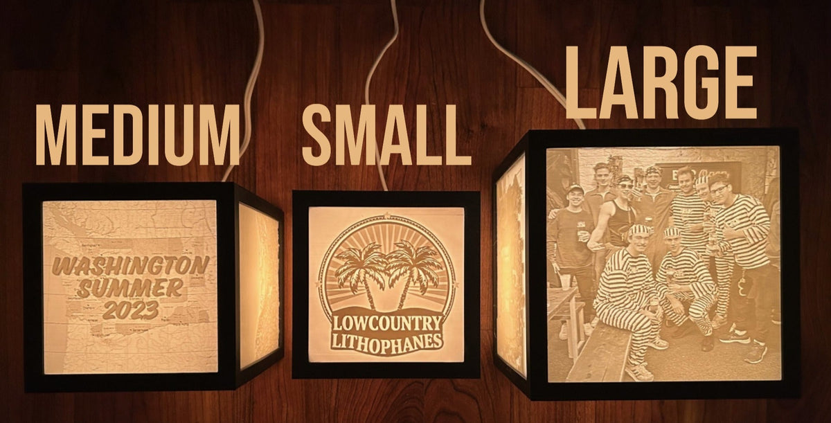 Size comparison of Medium, Small and Large lithophane photo boxes with customized top option