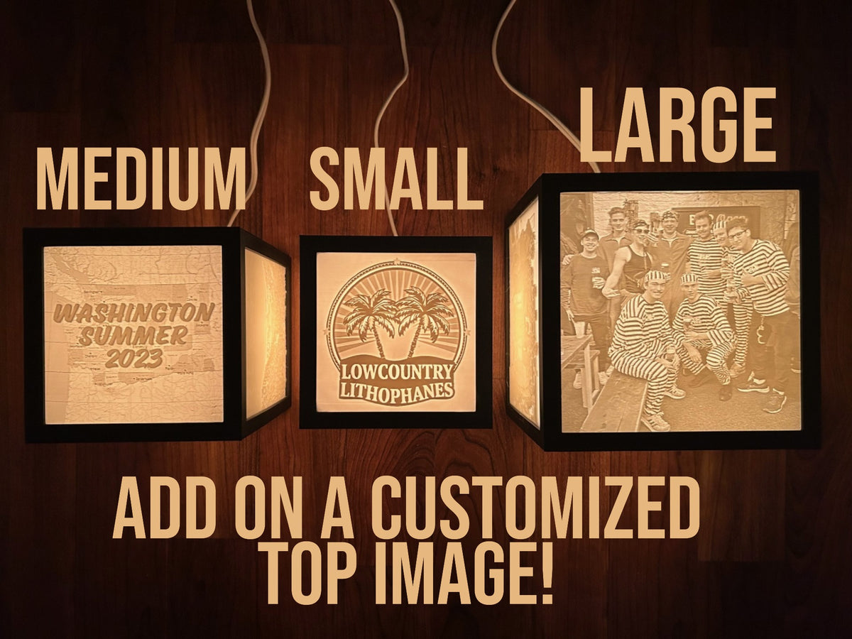 Medium, Small and Large lithophane boxes with add-on customized top image