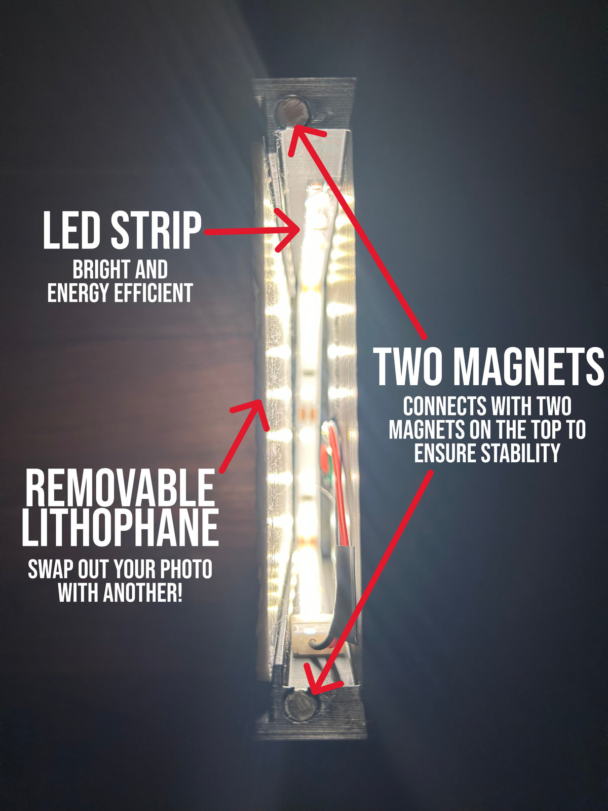 Lithophane picture frame construction: LED strip, two magnets and a removable lithophane panel