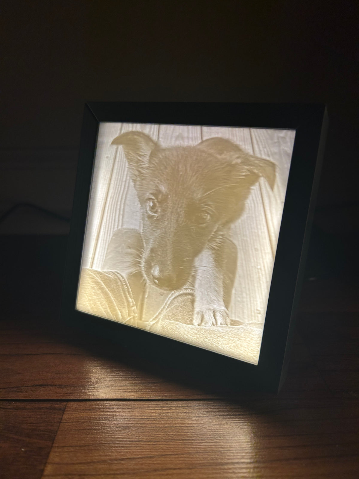 Lithophane picture frame glowing with a puppy portrait, a personalized pet gift