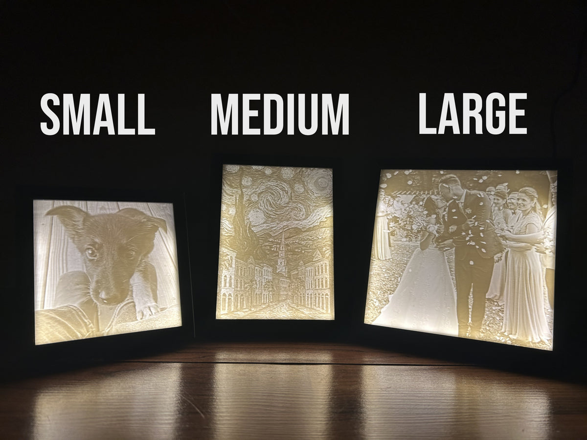 Lithophane picture frames in three sizes: Small, Medium and Large