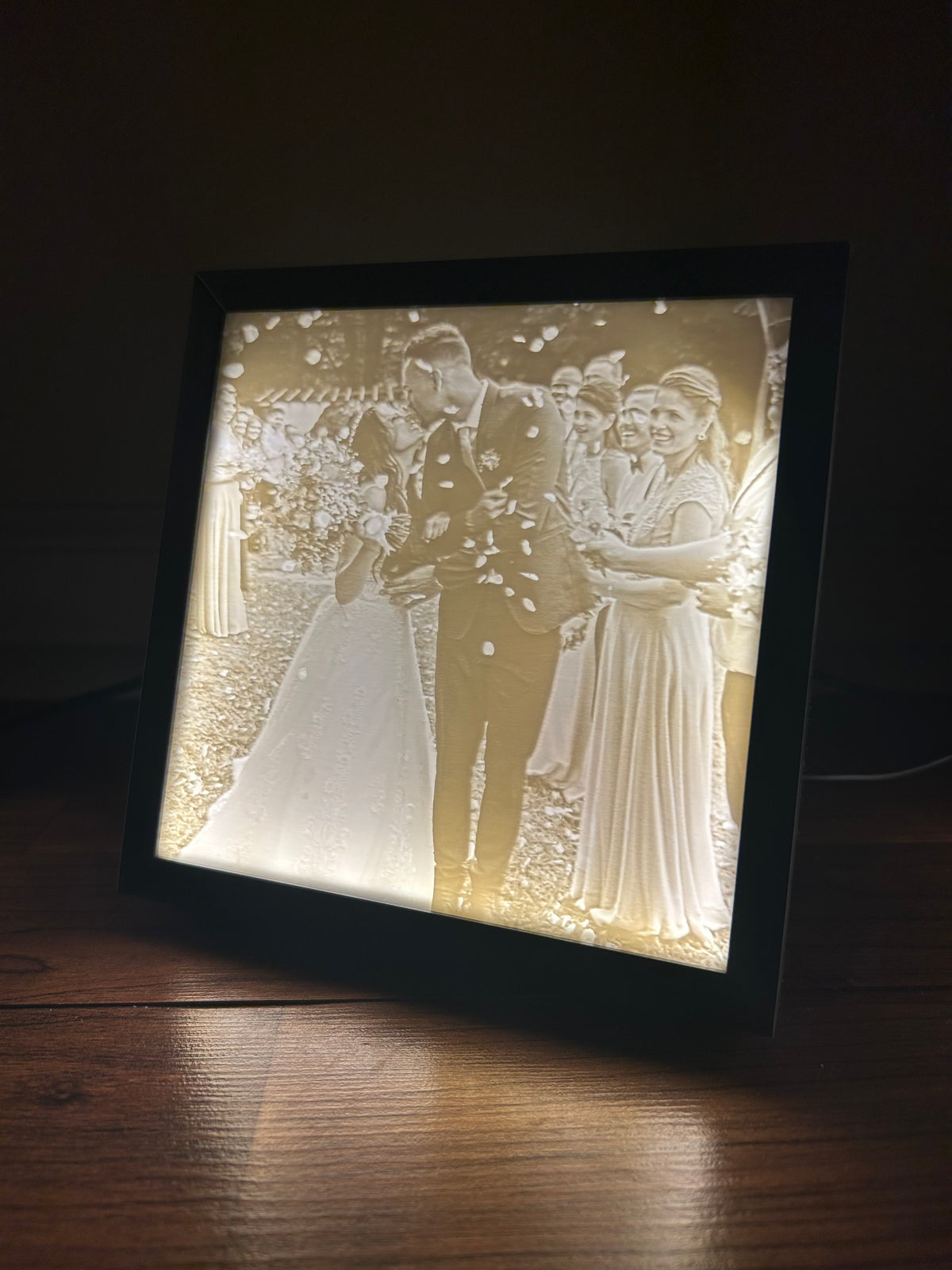 Lithophane picture frame glowing with a wedding photo, a personalized wedding gift