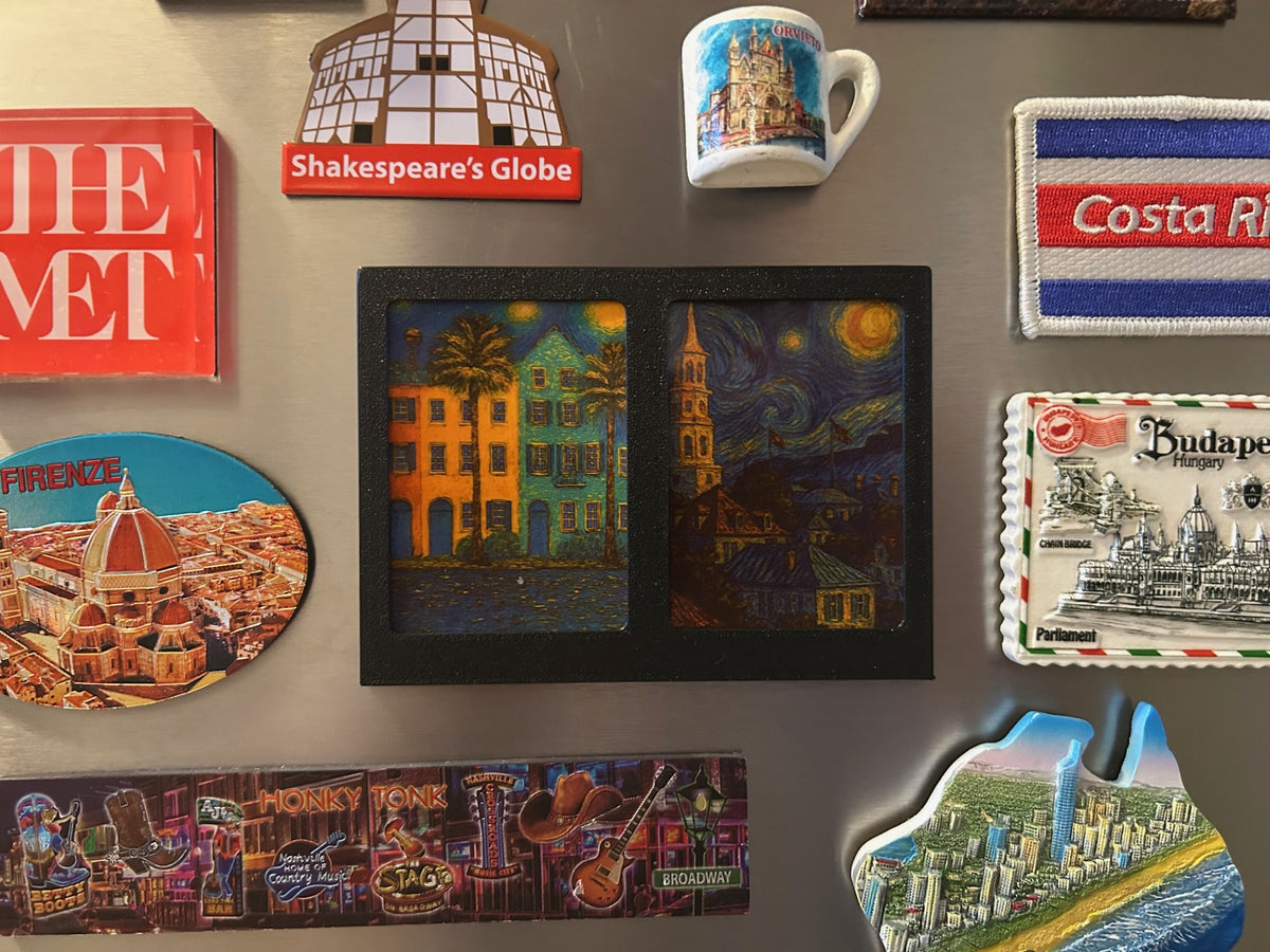 Double black Polaroid fridge magnet with Charleston Rainbow Row and Starry Night photos on a refrigerator