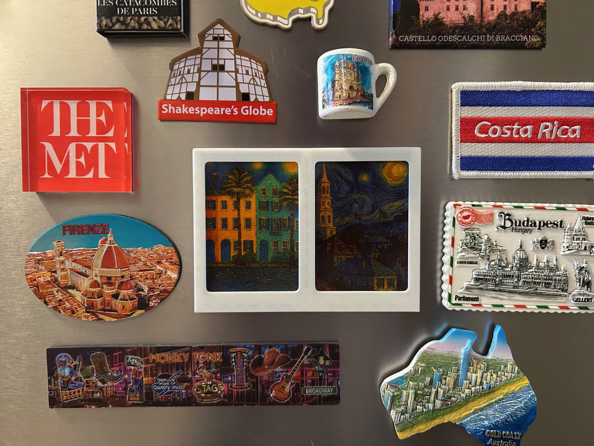 Double Polaroid fridge magnet frame with two custom photos on a refrigerator among souvenir magnets