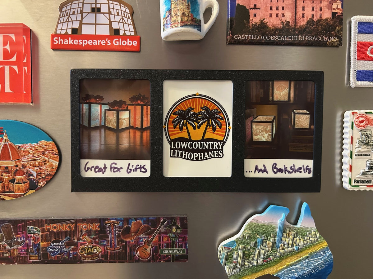 Triple black Polaroid fridge magnet with custom photos and the Lowcountry Lithophanes logo on a refrigerator
