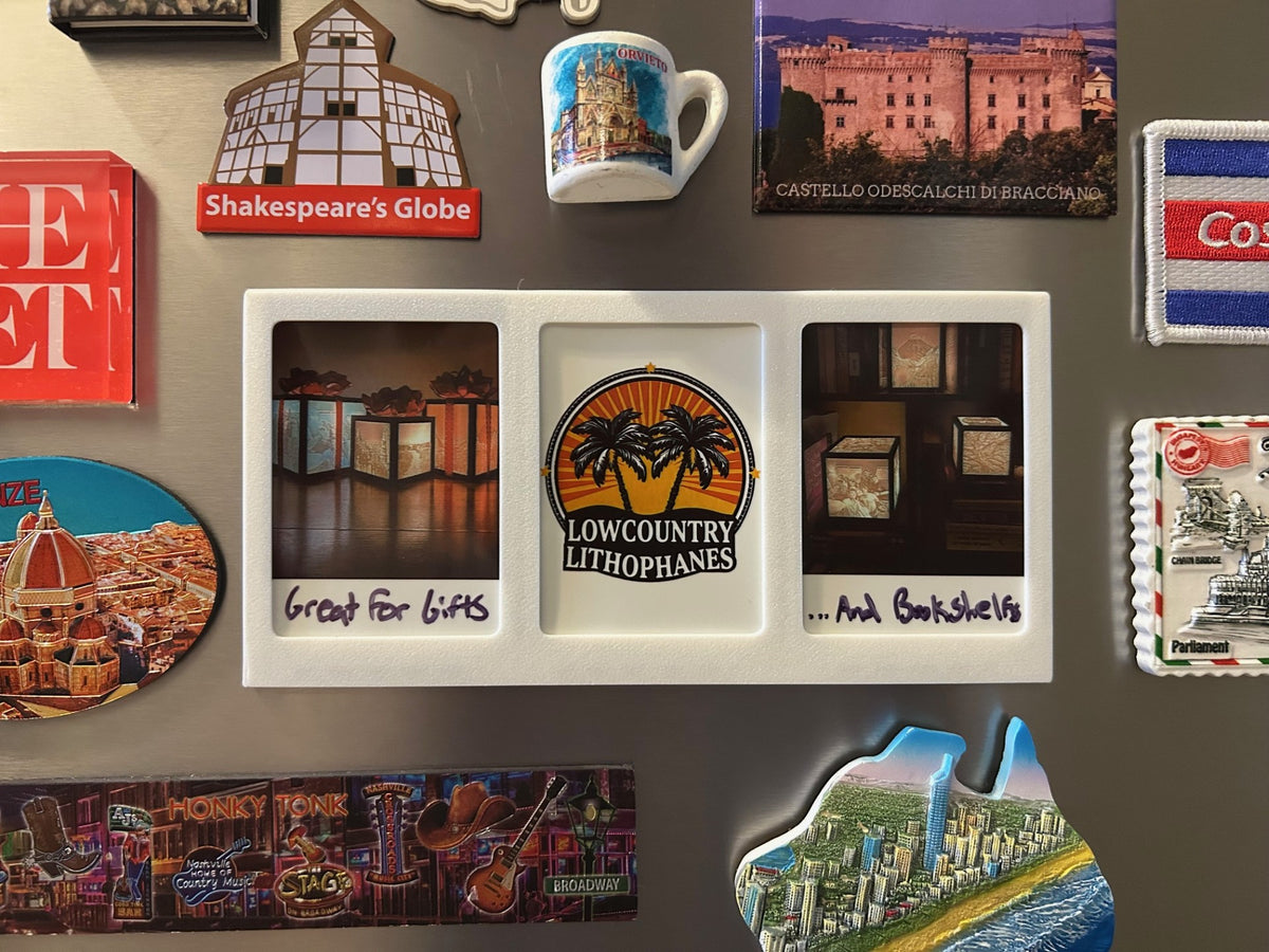 Triple white Polaroid fridge magnet with custom photos and the Lowcountry Lithophanes logo on a refrigerator