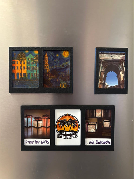 Black Polaroid fridge magnet frames in single, double and triple sizes holding custom photos on a refrigerator