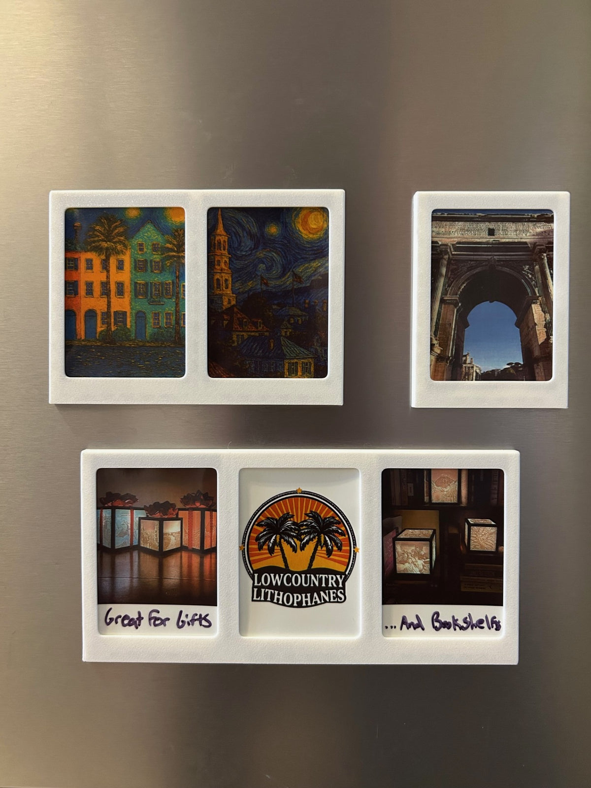 White Polaroid fridge magnet frames in single, double and triple sizes holding custom photos on a refrigerator