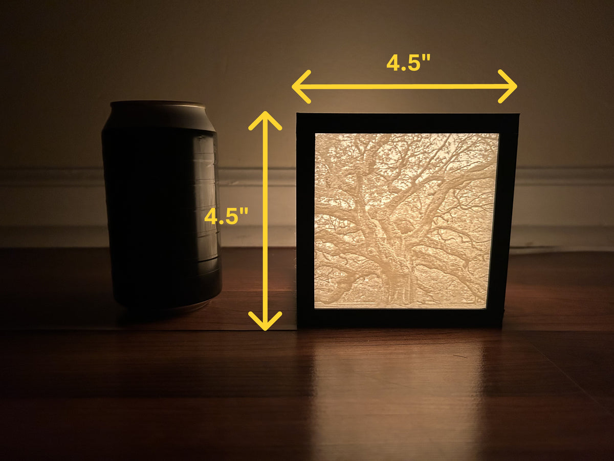 Small lithophane box dimensions, 4.5 by 4.5 inches, next to a soda can for scale